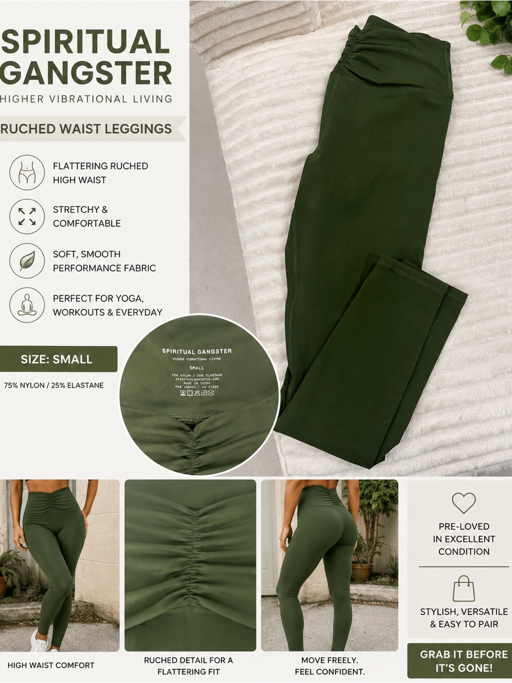 Spiritual Gangster Kids Olive Ruched Waist Leggings